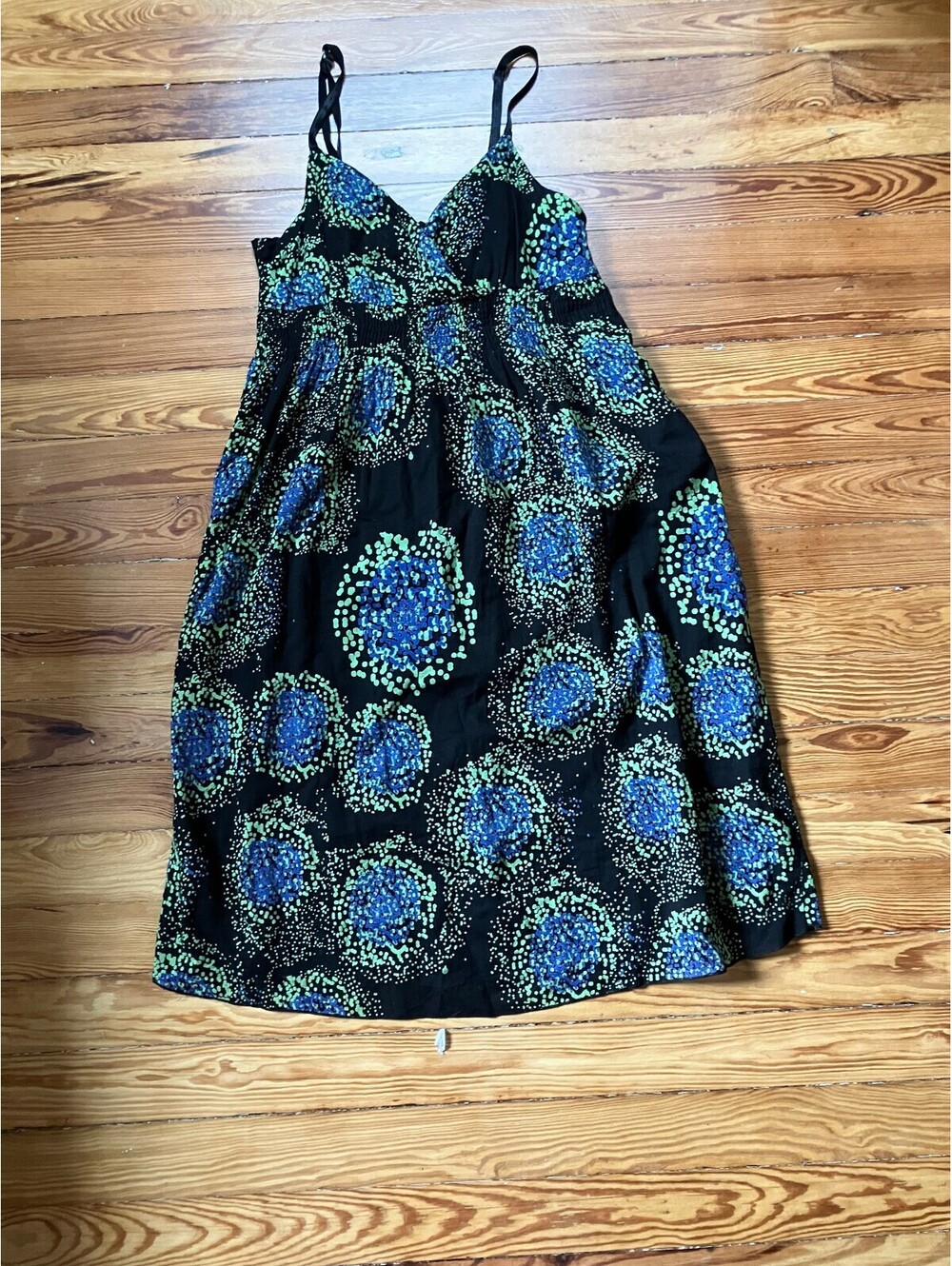 Planet Gold Black Blue Green Dotted Floral Smocked Sundress Y2K Boho Mini